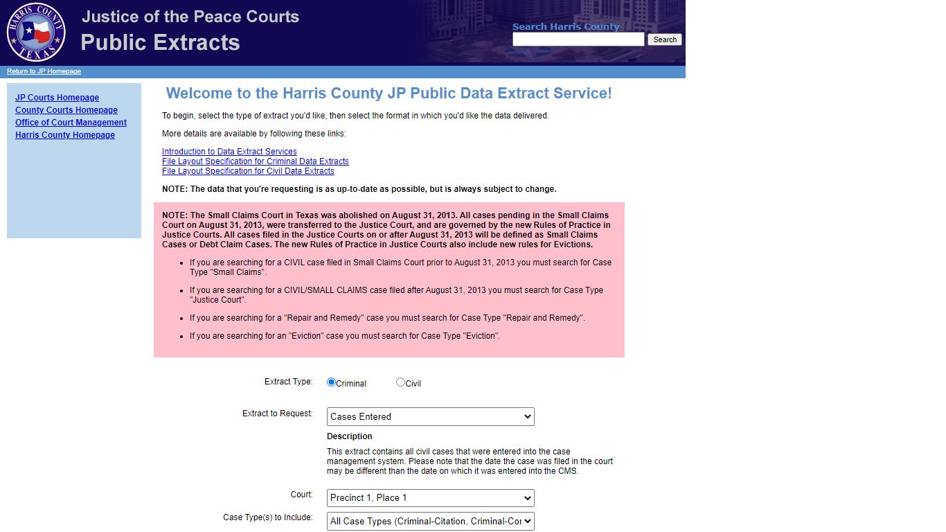 Harris County JP Public Data Extract Service